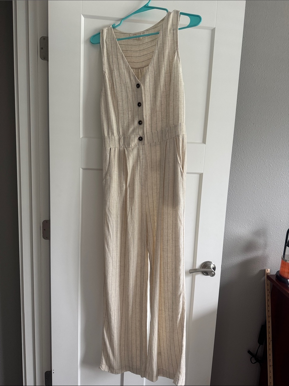Monteau Cream Pinstripe Button-Front Sleeveless Jumpsuit